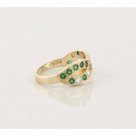 14k Yellow Gold Synthetic Green Emerald and Natural Diamond Ring Size 7 1/2 - Picture 8 of 10